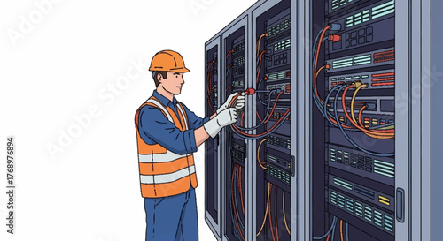 A technician in a hard hat and safety vest working on server racks, connecting wires.
