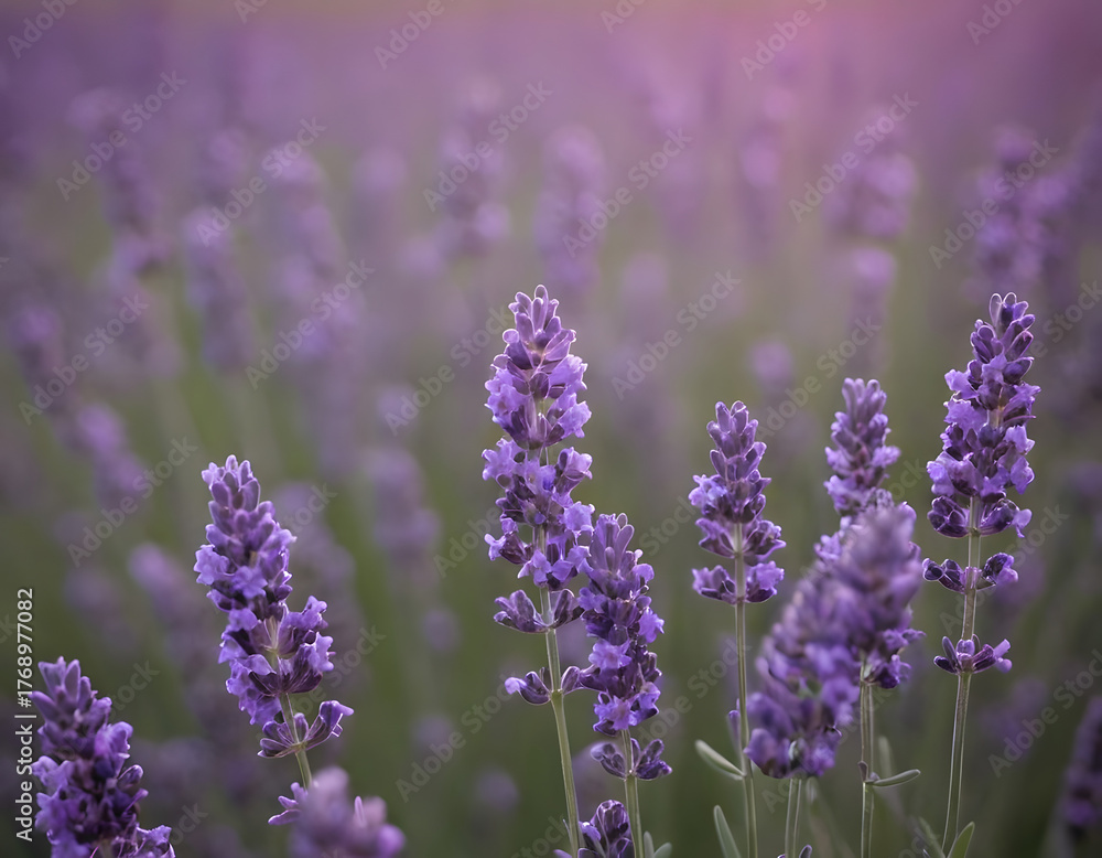 Naklejka premium Lavender flowers set against a soft, purple background create a calming and serene atmosphere, perfect for relaxation and tranquility. delicate blooms add a touch of elegance and natural beauty.