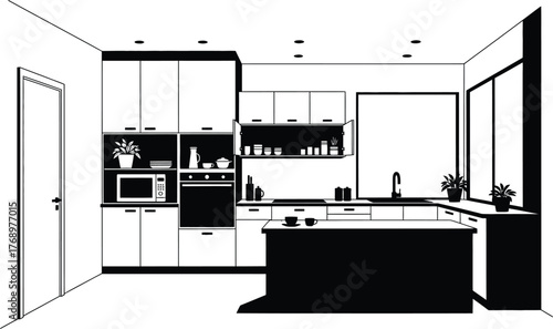 Modern kitchen design black and white minimalist interior decor ideas editable vector