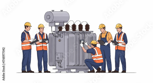 A group of six workers in hard hats and safety vests inspect a large electrical transformer, with one worker kneeling and examining a panel.