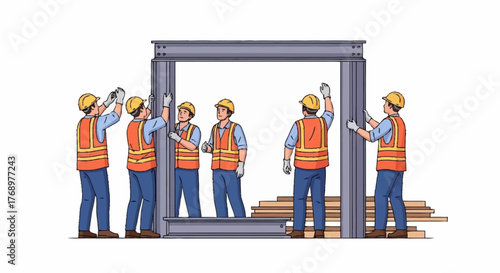 A team of six construction workers in safety vests and hard hats collaboratively assembling a large steel beam frame.