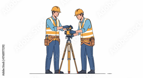 Two professional surveyors in hard hats and safety vests operating a theodolite on a tripod.