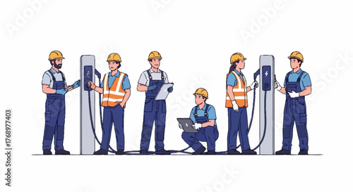 A team of construction workers in hard hats and safety vests are installing and inspecting electric vehicle charging stations, with one worker using a laptop.
