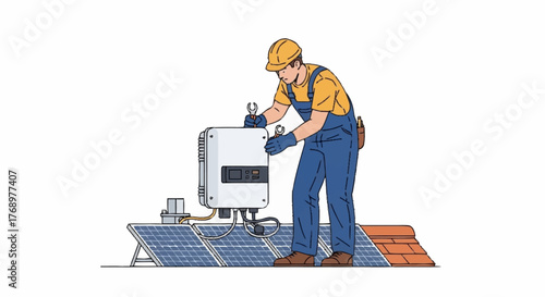 A skilled technician in a hard hat and overalls meticulously installs a solar inverter onto a rooftop array of photovoltaic panels, holding a wrench to secure the equipment.