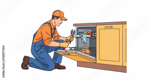 A repairman in uniform kneels to fix a broken built-in dishwasher in a kitchen with a wrench.