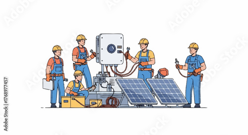 A team of professional technicians in hard hats installing a solar power system with panels and an inverter.