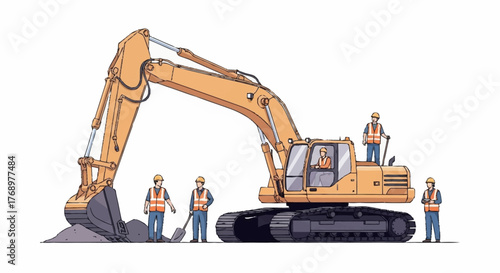 An illustration depicting a large yellow hydraulic excavator digging a pile of earth, surrounded by construction workers in safety gear.