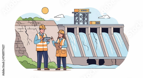 Two engineers inspect a dam with cracks, using a tablet and clipboard, with water flowing through the dam's gates.