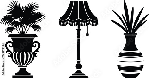 Black and white interior design elements plants lamp and vase art editable vector