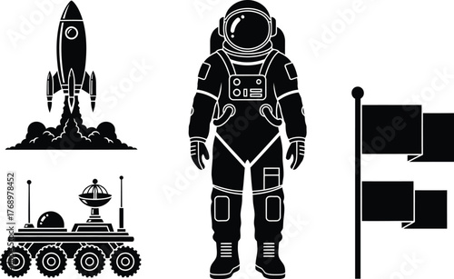 Space exploration vector set astronaut rocket rover and flags icon editable vector