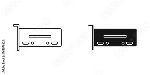 Black and white illustration of a video card for computer technology concept