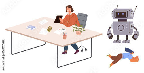 Woman at desk working on tablet, robot standing nearby, fallen person on ground. Ideal for workplace, automation, technology, human-robot interaction, business challenges, safety modern innovation