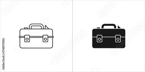 Toolbox icon set, featuring a container for tools in outline and solid style