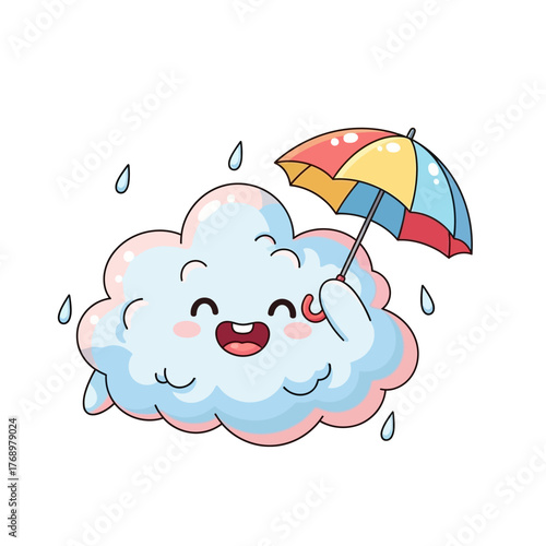 Cute cartoon cloud smiles holding colorful umbrella in rainy weather