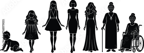 Woman life cycle stages vector illustration aging process growth editable vector