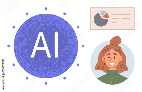 AI text in a circular graphic, smiling woman icon, and data pie chart. Ideal for technology, innovation, teamwork, education, research digital transformation data analysis. Simple flat metaphor