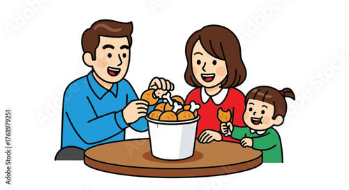 Happy Family Enjoying Delicious Fried Chicken Together, Sharing a Tasty Meal at Home