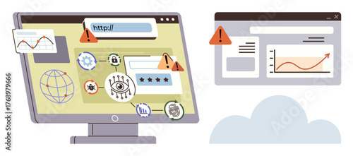 Computer monitor with security warnings, error notifications, and analytics charts. Ideal for online security, data protection, technology, web development, analytics, privacy simple flat metaphor