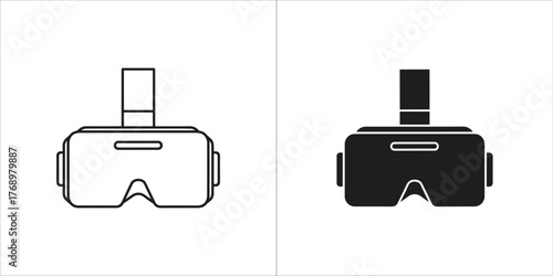 Illustration of a virtual reality headset, presented in both a line drawing and a solid black fill