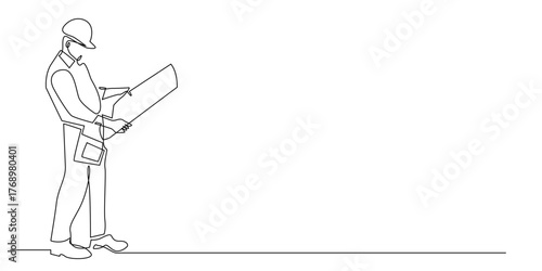 Continuous line drawing of an engineer or construction worker holding a blueprint. One line art representing planning, architecture, and building design in a minimalist style.