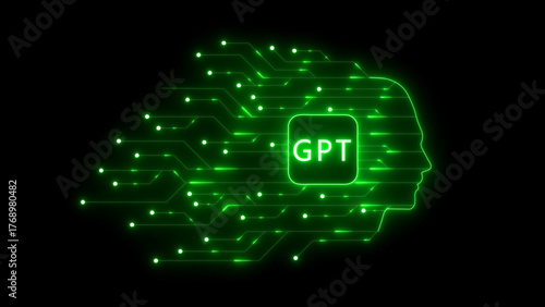 Green glowing GPT text inside a stylized human head outline with circuit board connections and nodes on black background