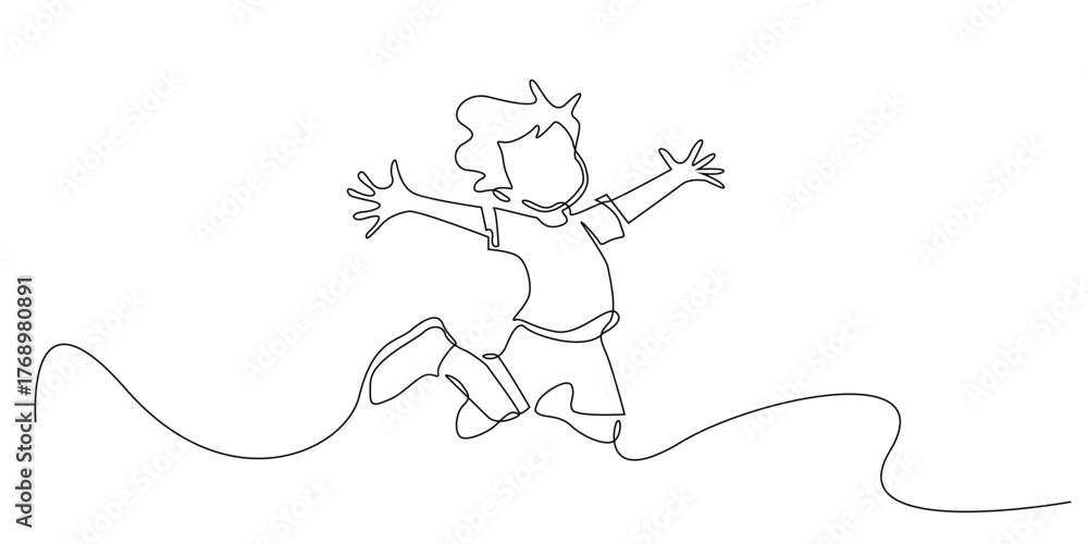 Fototapeta premium Continuous line drawing of a happy child jumping with open arms. Simple one line art representing joy, freedom, and childhood energy.