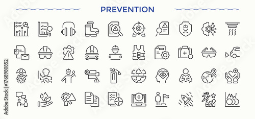 Set of Prevention line icon. Pack of tech, safe, safety, software, privacy, threat. Thin line icons set. Defense related icon set. Vector illustration.