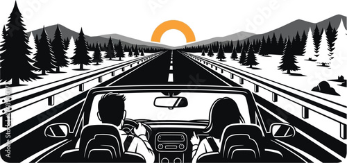Couple driving convertible car on road trip with mountain view editable vector