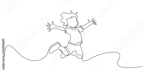 Continuous line drawing of a happy child jumping with open arms. Simple one line art representing joy, freedom, and childhood energy.