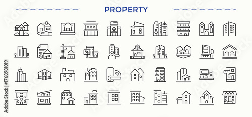 Property modern icon set. Set of line pictogram. Vector artwork and illustration. Property vector icon set. It contains symbols to skyscraper, real estate, house, apartment, home and more.