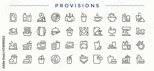 Provisions icon set. Food icon collection. Line symbol and sign. Containing meal, food, croissant and more. Vector illustration. Pixel perfect.