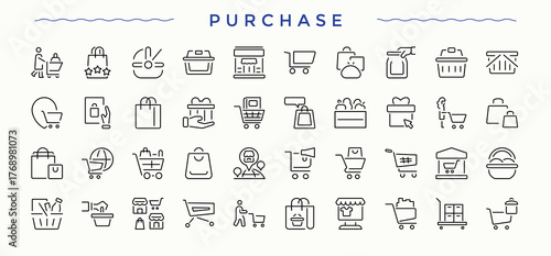 Purchase vector line icon set. Delivery icon set. Icons for UI designs. Included cart, commerce, sell, shopping cart, store and more. Editable stroke collections.