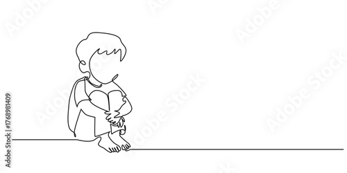 Continuous line drawing of a sad child sitting alone. One line art illustration of a lonely boy hugging his knees, showing emotion and solitude.