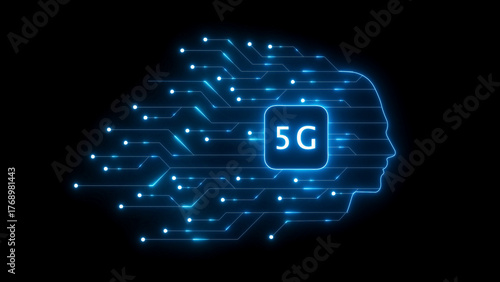 Futuristic Blue 5G Network Circuitry Forming a Human Head Silhouette on Black Background technology