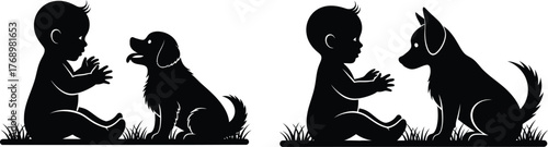 Baby and dog silhouette vector illustration cute animal friend editable vector