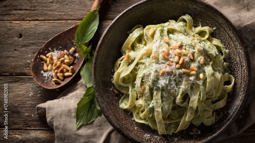 Freshly Made Fettuccine Pasta with Pesto Sauce Garnished with Pine Nuts and Grated Cheese on Rustic Wooden Table Setting