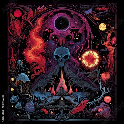 Intricate dark fantasy artwork featuring a menacing cosmic entity surrounded by grotesque creatures, mystical orbs, and vibrant neon colors, depicting a chaotic and psychedelic underworld