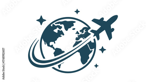 Airplane flying around earth globe with stars showing global travel and aviation vector