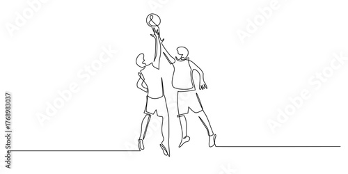 continuous line drawing of two basketball players jumping for the ball.single line   
illustration shows the athletes competing in the air, symbolizing teamwork, energy, and competition.