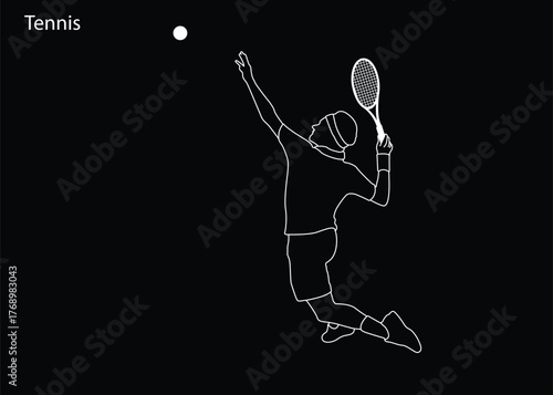 White line drawing of athlete. Male tennis. Tennis logo. Vector illustration.