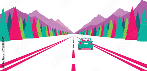 Car driving road trip through mountains and colorful trees vector editable vector
