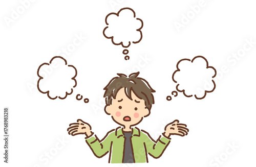 困った顔で何かをいろいろ考えている若い男性