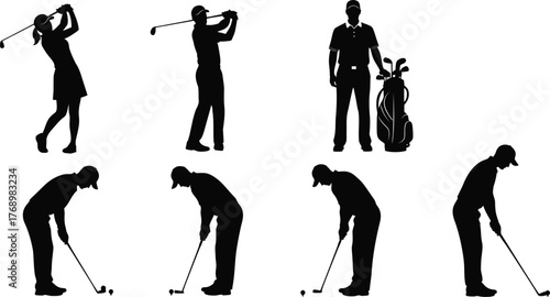 Golf silhouettes vector illustration of golfers in various poses editable vector