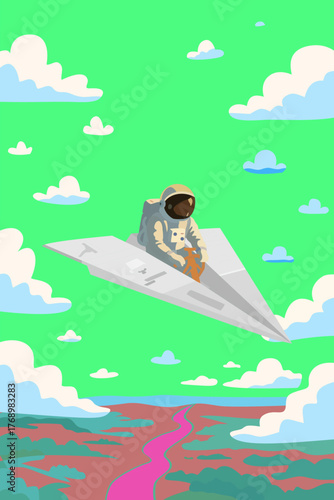 astronaut riding a paper airplane, fictional illustration
