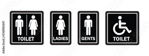 Toilet icons set. Men and women restroom icon sign right arrow. Disabled wheelchair icon. Vector Illustration
