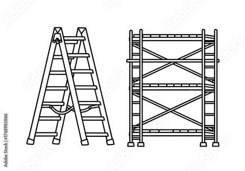 Line art shows an Aframe ladder and scaffolding structure