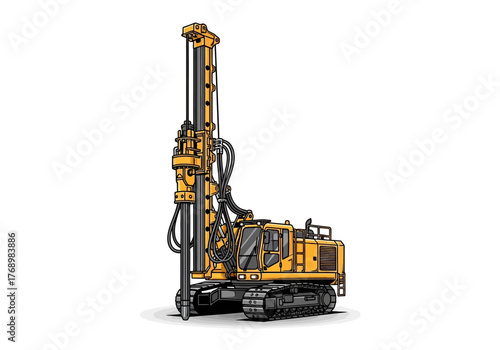 Yellow drill rig with a tall mast on crawler tracks stands on a white background