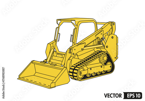 Yellow tracked loader with bucket isolated on white background