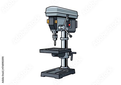 A gray drill press is visible with a chuck holding a drill bit above a work table