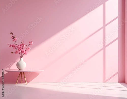 Soft Pink Minimalist Interior with Cherry Blossoms, White Vase, and Geometric Sunlight Shadows